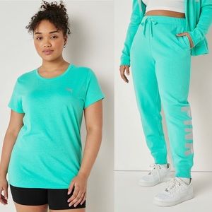 VS Pink 2-Piece SET Teal Ice Foil Relaxed Joggers & Teal Ice Foil Perfect Tee